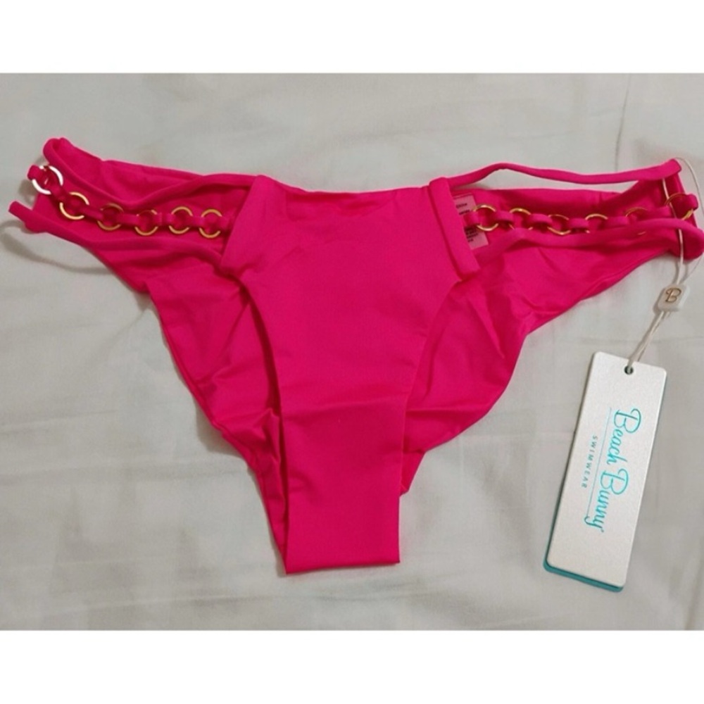 Beach Bunny Hot Pink Bikini Bottom with Golden Links Accent NWT sz L